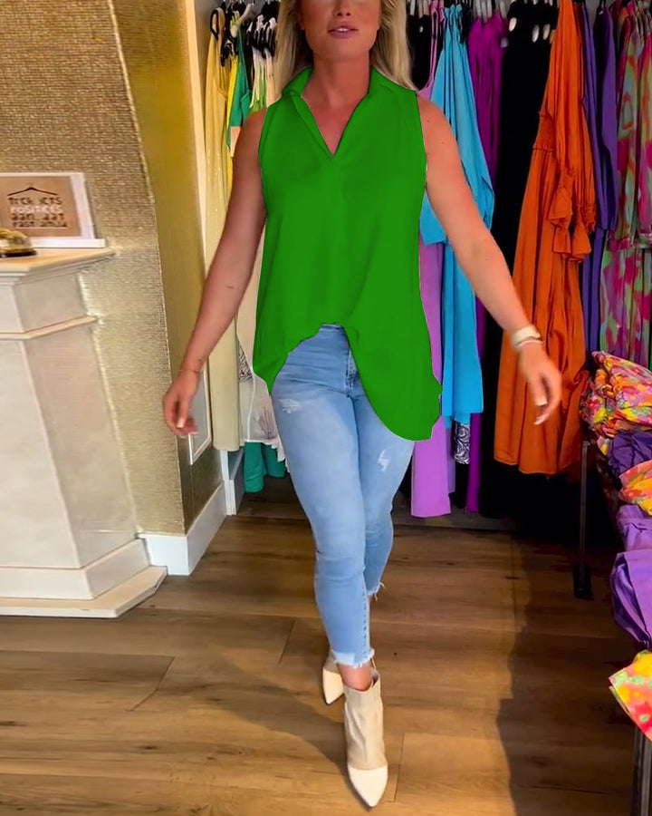 Jodie - Sleeveless Top with Ruffles and Lapels
