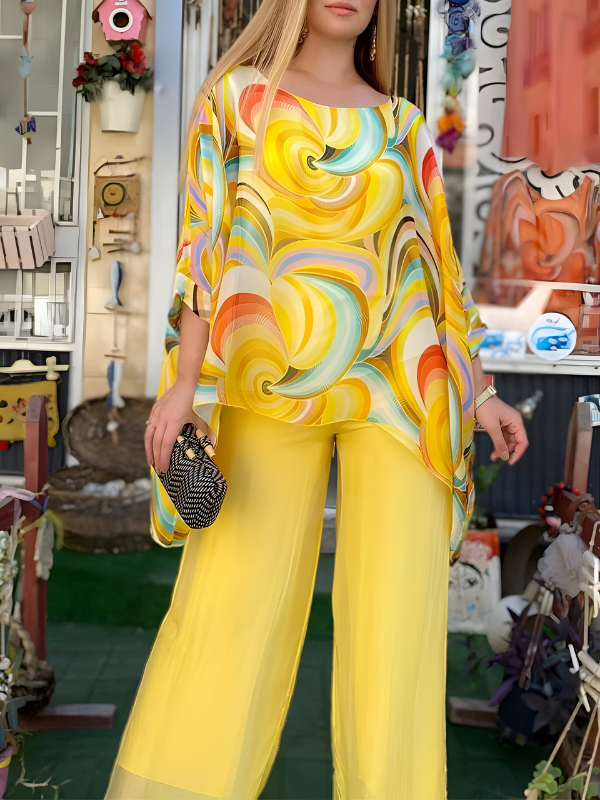 Isabelle | Colorful Chiffon Set with Round Neckline and Print, Casual Style