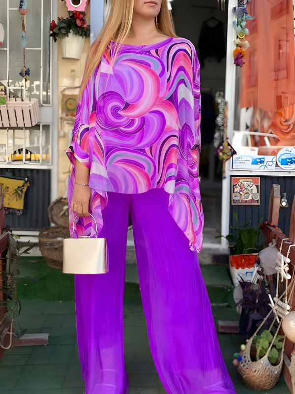 Isabelle | Colorful Chiffon Set with Round Neckline and Print, Casual Style