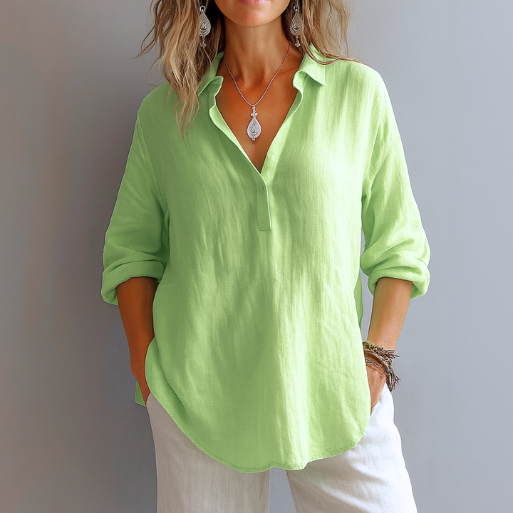 Mira™ – Elegant Linen V-Neck Blouse