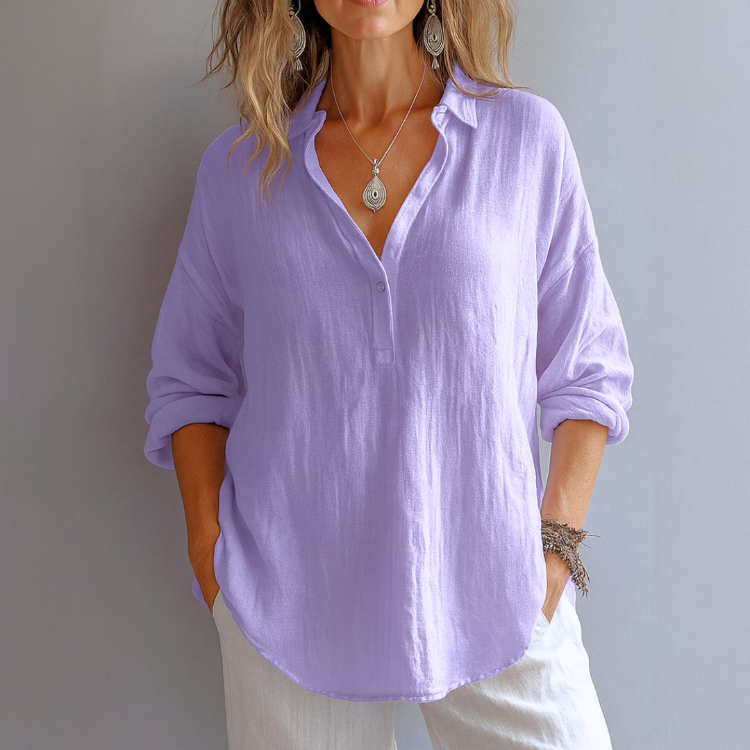 Mira™ – Elegant Linen V-Neck Blouse