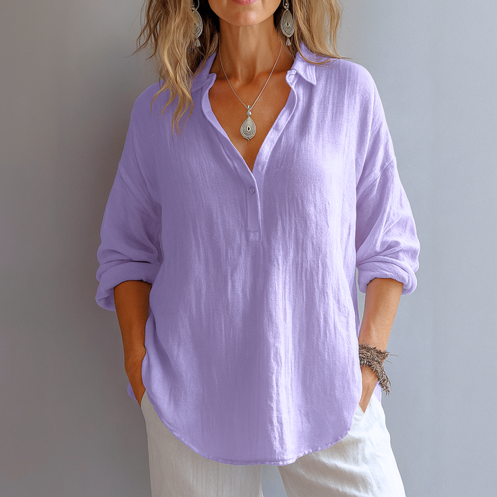Mira™ – Elegant Linen V-Neck Blouse