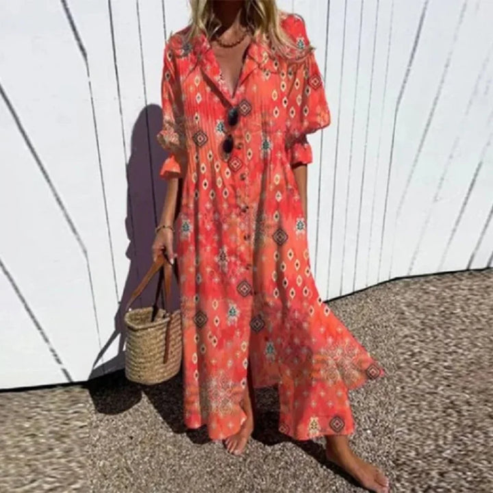 Merita - Boho Maxi Dress With V Neck For Women