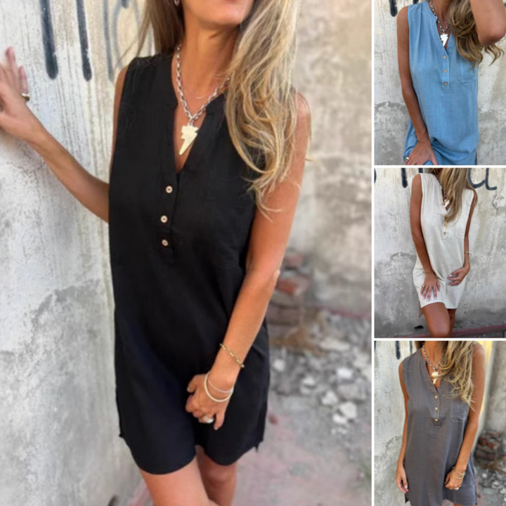 Nola™ – Sleeveless V-Neck Button-Down Dress with Pockets