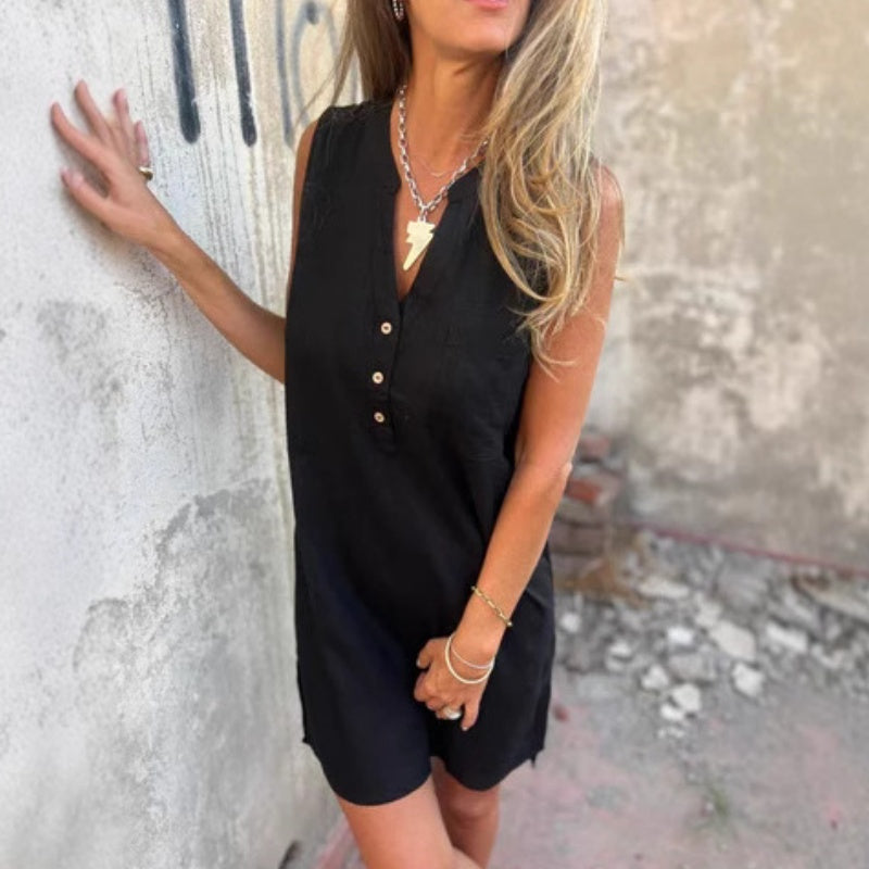 Nola™ – Sleeveless V-Neck Button-Down Dress with Pockets