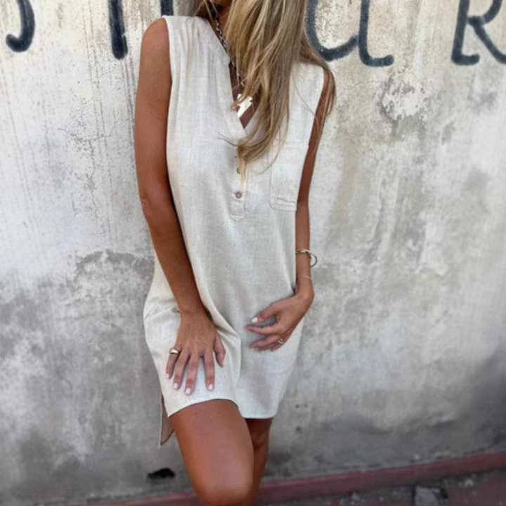 Nola™ – Sleeveless V-Neck Button-Down Dress with Pockets
